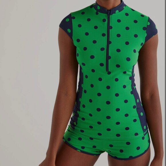 Boden Women's Two Piece Zip Up Rashguard Sporty Swimsuit Size 6 Polka Dots - Picture 1 of 15